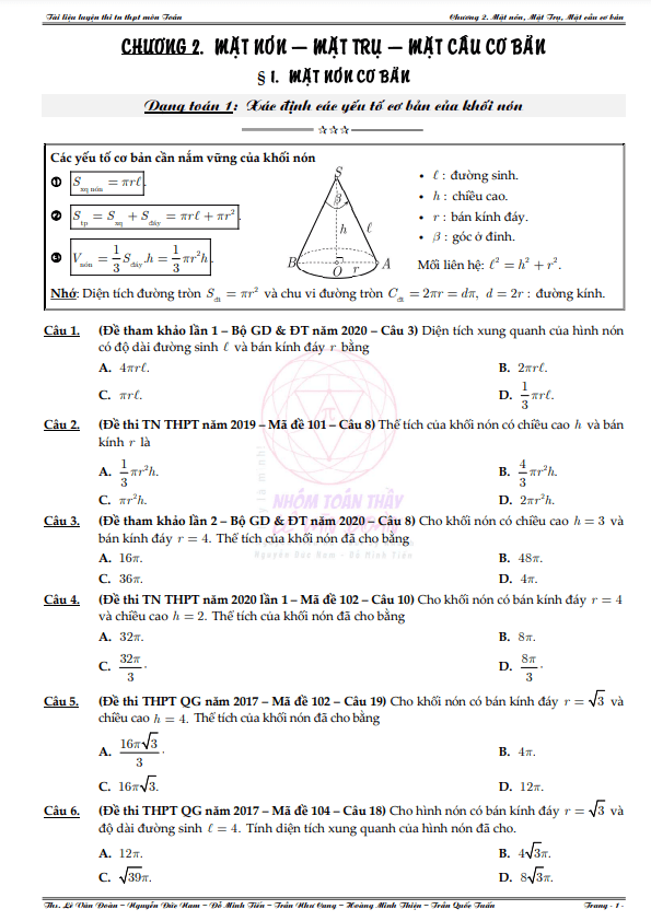 bài tập mặt nón, mặt trụ và mặt cầu từ cơ bản đến vận dụng cao