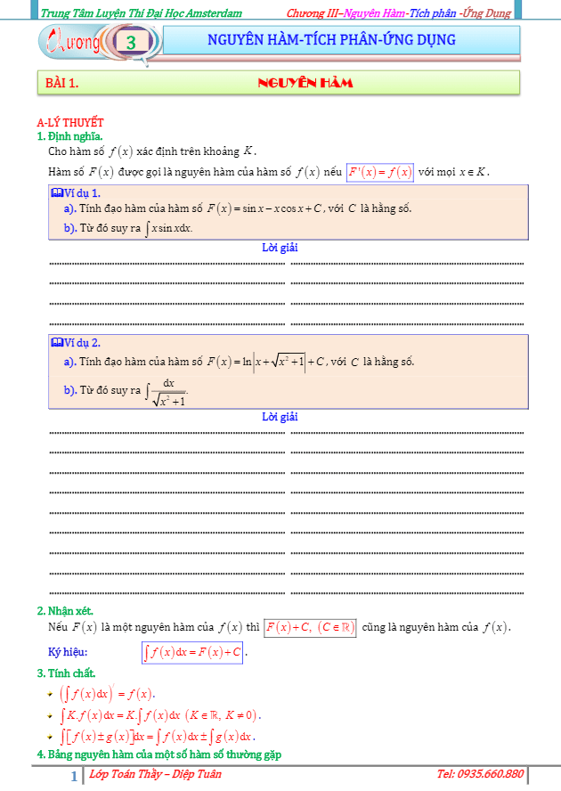 bài tập nguyên hàm, tích phân và ứng dụng – diệp tuân