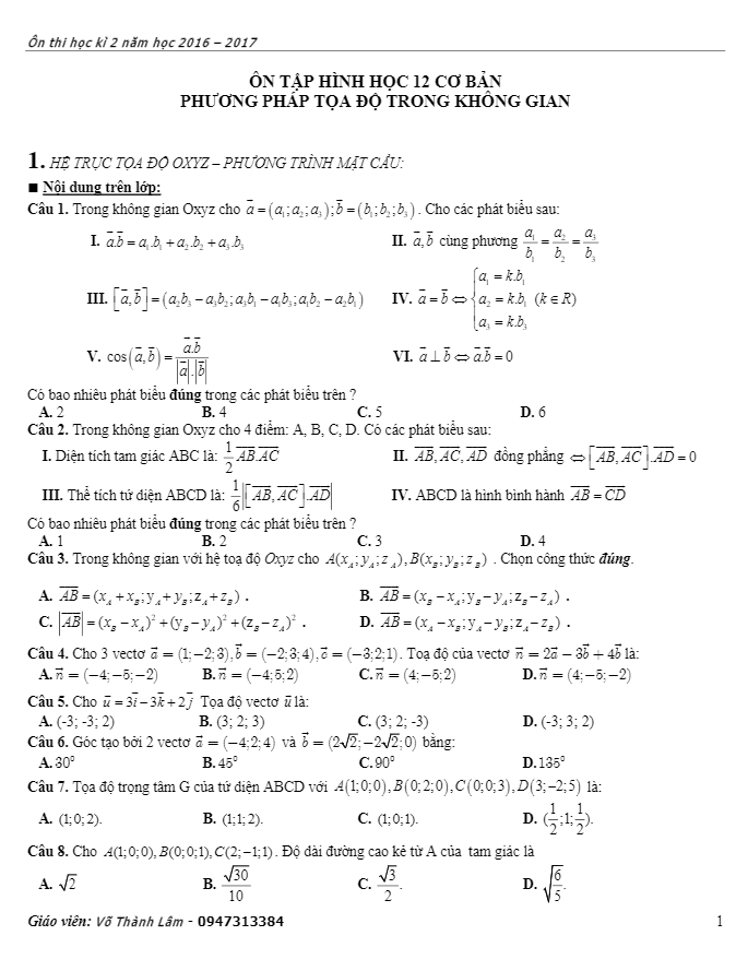bài tập ôn chương phương pháp tọa độ trong không gian – võ thành lâm