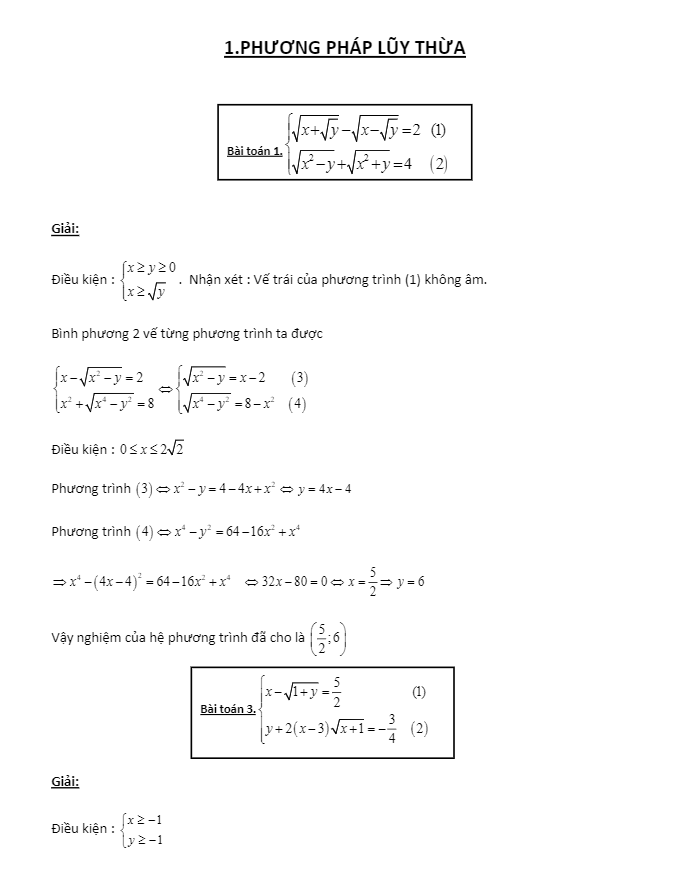 bài tập phương pháp lũy thừa giải hệ phương trình có lời giải chi tiết