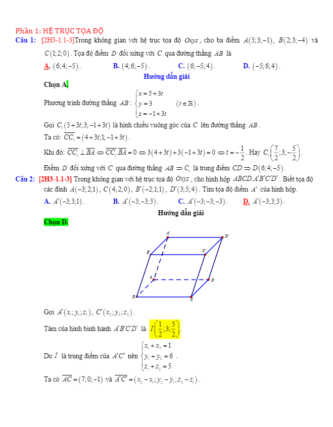 bài tập tọa độ không gian oxyz mức độ vận dụng có đáp án và lời giải chi tiết