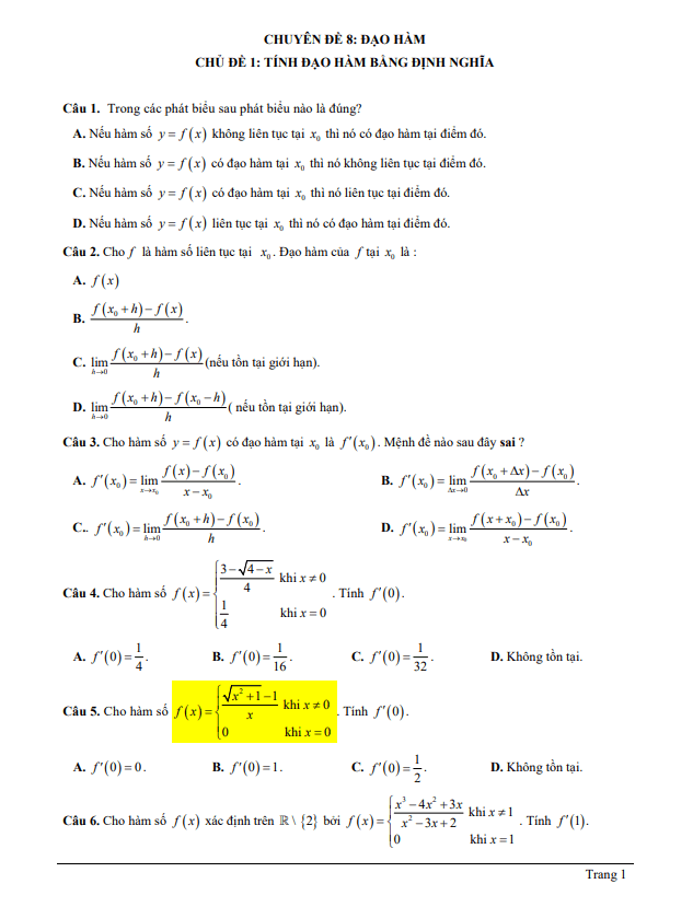 bài tập trắc nghiệm chủ đề đạo hàm có đáp án và lời giải chi tiết