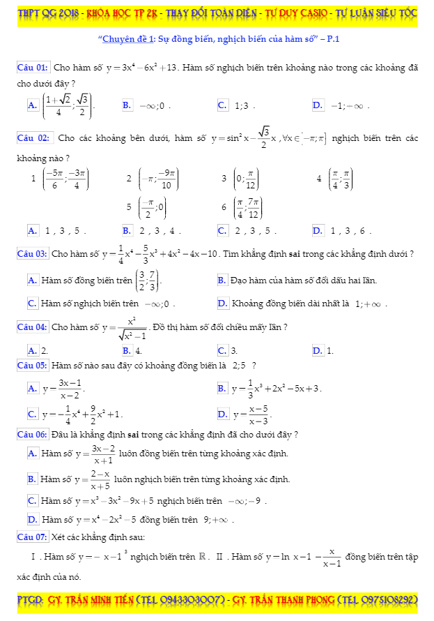 bài tập trắc nghiệm chuyên đề hàm số – trần minh tiến, trần thanh phong
