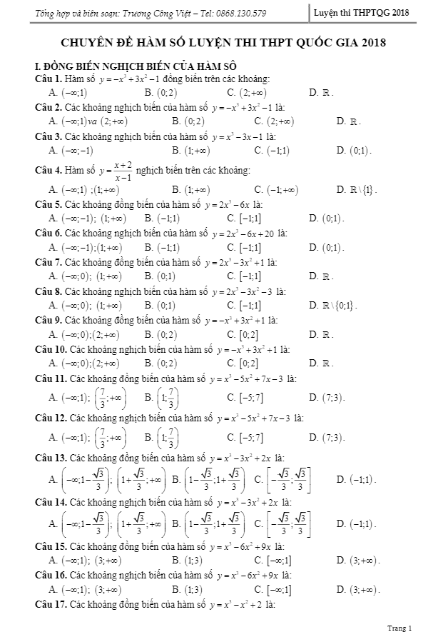 bài tập trắc nghiệm chuyên đề hàm số – trương công việt