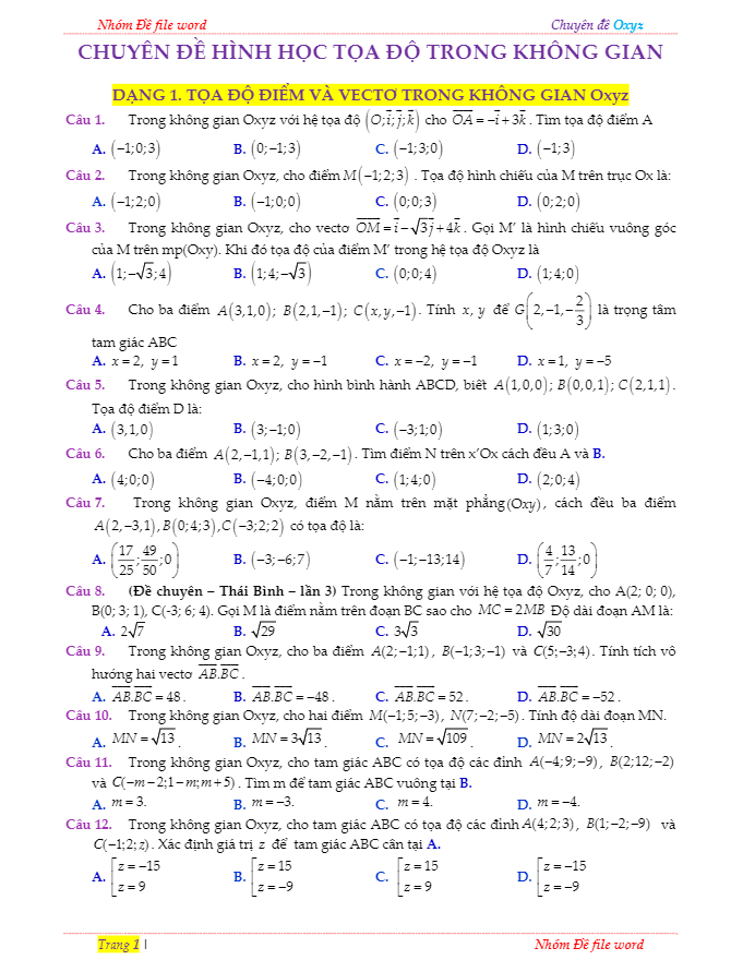 bài tập trắc nghiệm chuyên đề hình học tọa độ trong không gian có lời giải chi tiết