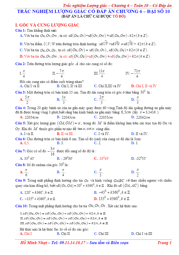bài tập trắc nghiệm công thức lượng giác – hồ minh nhựt