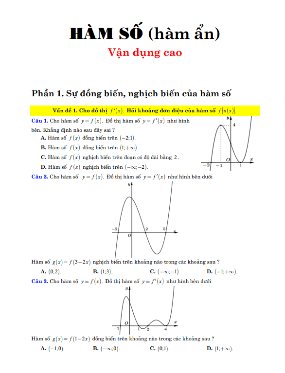 bài tập trắc nghiệm hàm số (hàm ẩn) vận dụng cao