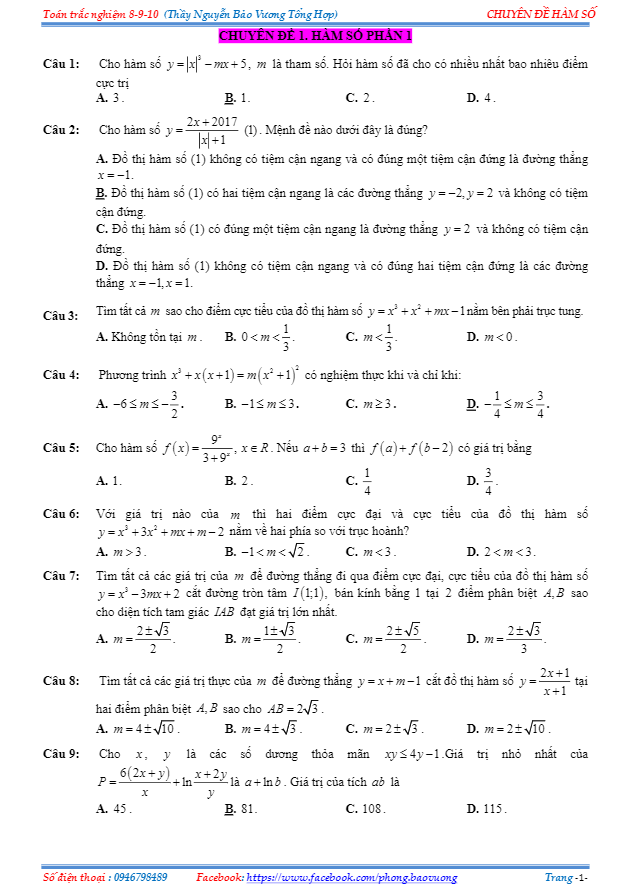 bài tập trắc nghiệm hàm số vận dụng cao – nguyễn bảo vương