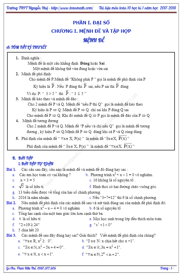 bài tập trắc nghiệm mệnh đề và tập hợp – phan hữu thế