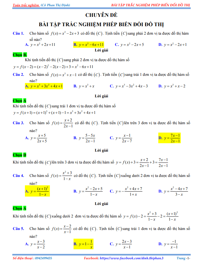 bài tập trắc nghiệm phép biến đổi đồ thị có đáp án và lời giải
