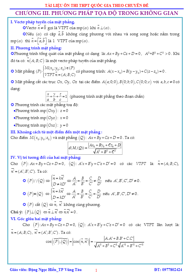 bài tập trắc nghiệm phương pháp tọa độ trong không gian – đặng ngọc hiền