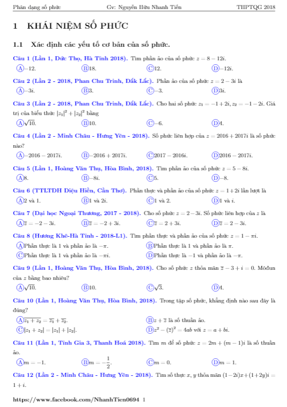 bài tập trắc nghiệm số phức có đáp án – nguyễn hữu nhanh tiến