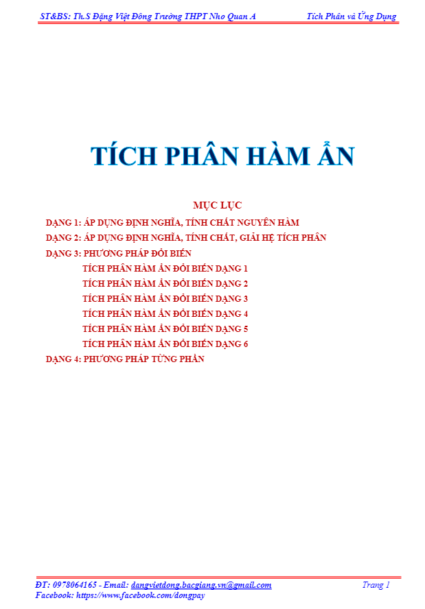 bài tập trắc nghiệm tích phân hàm ẩn có đáp án và lời giải chi tiết – đặng việt đông