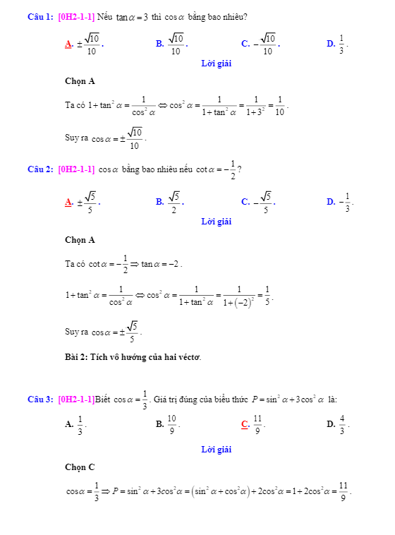 bài tập trắc nghiệm tích vô hướng của hai vectơ và ứng dụng có lời giải chi tiết