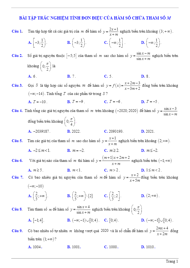 bài tập trắc nghiệm tính đơn điệu của hàm số chứa tham số m