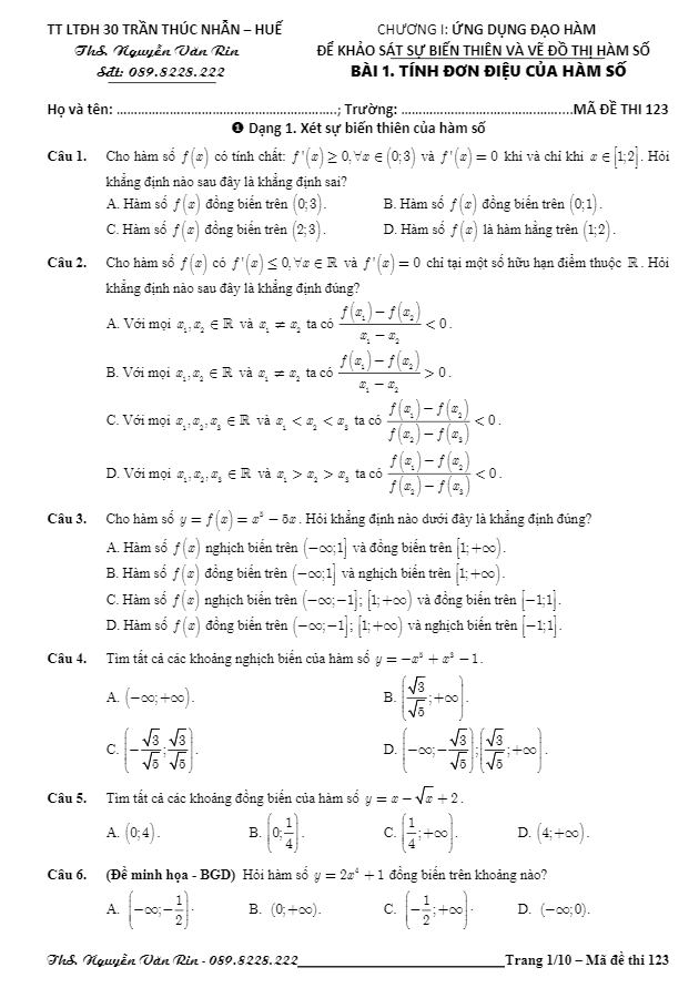 bài tập trắc nghiệm ứng dụng đạo hàm để khảo sát sự biến thiên và vẽ đồ thị hàm số – nguyễn văn rin