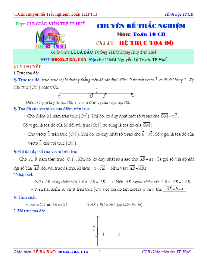 bài tập tự luận và trắc nghiệm hệ trục tọa độ trong mặt phẳng – lê bá bảo