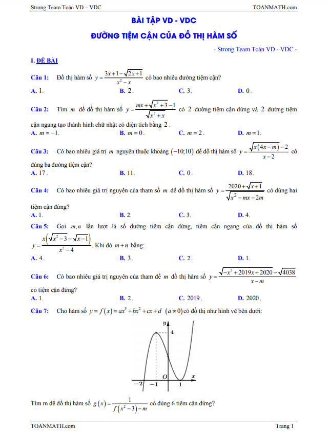 bài tập vd – vdc đường tiệm cận của đồ thị hàm số có đáp án và lời giải