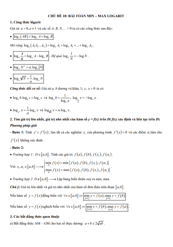 bài toán min – max mũ và logarit