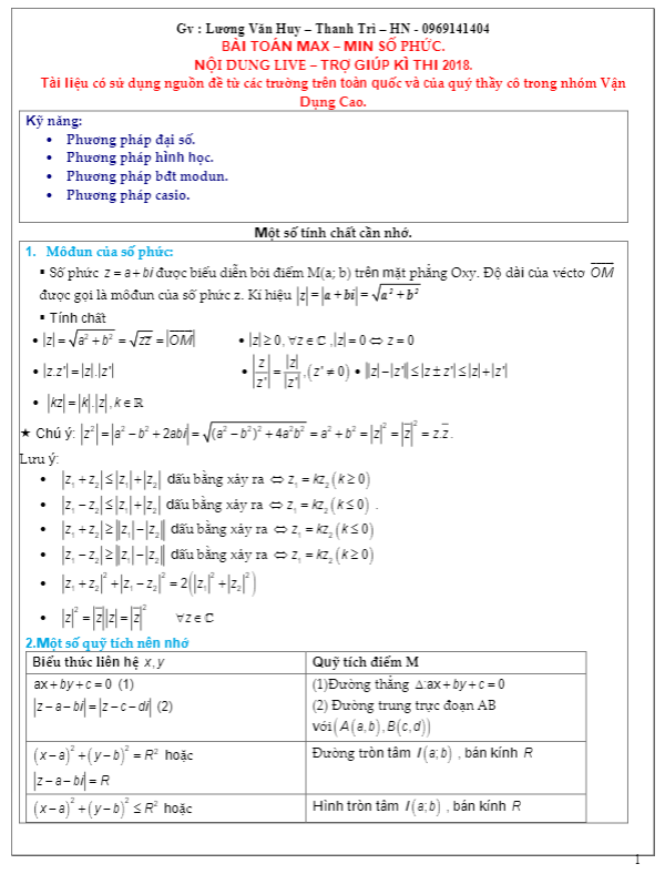 bài toán min – max số phức có lời giải chi tiết – lương văn huy