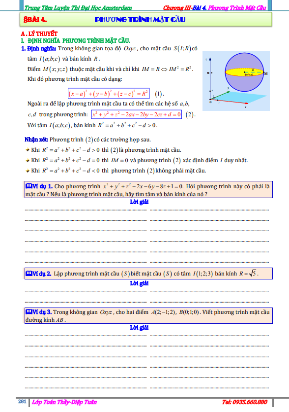 bài toán phương trình mặt cầu – diệp tuân