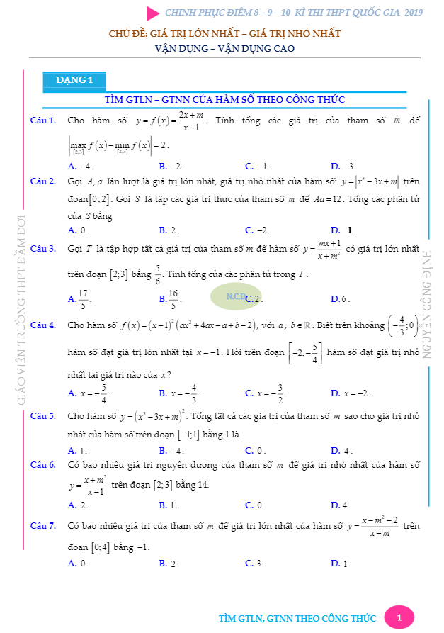 bài toán vd – vdc giá trị lớn nhất và giá trị nhỏ nhất của hàm số – nguyễn công định