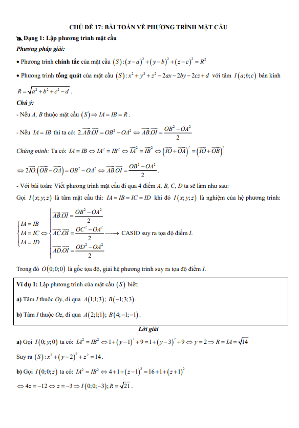 bài toán về phương trình mặt cầu