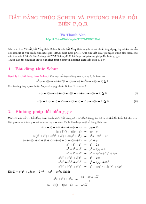 bất đẳng thức schur và phương pháp đổi biến pqr – võ thành văn