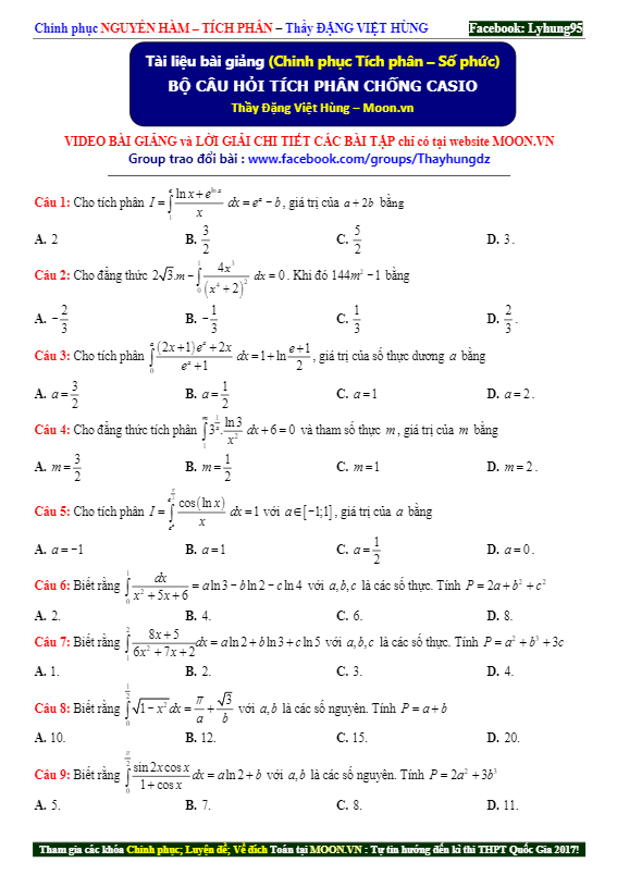 bộ câu hỏi tích phân chống casio có lời giải chi tiết – đặng việt hùng