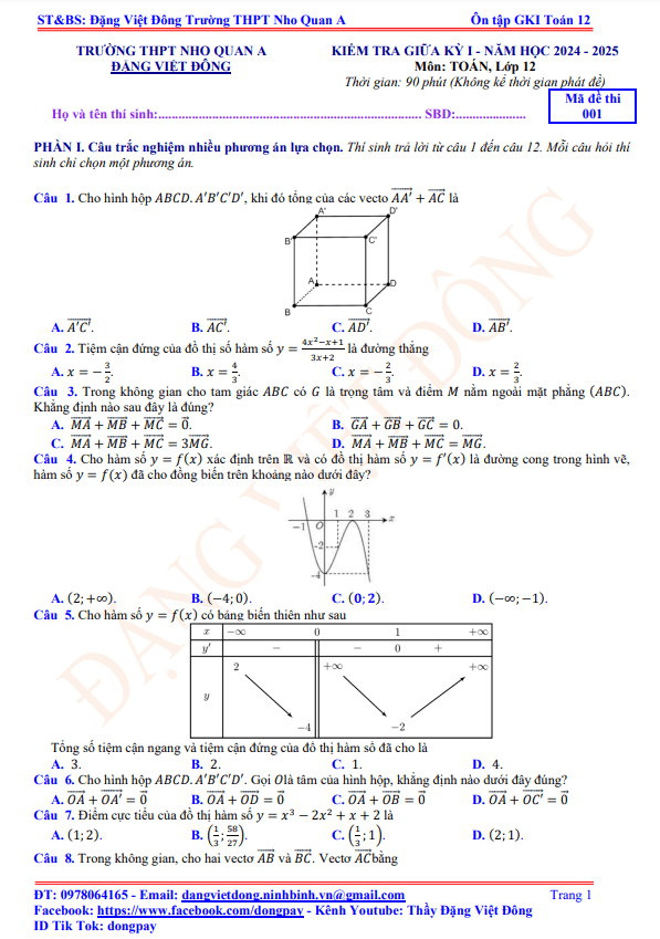 bộ đề ôn tập kiểm tra giữa học kỳ 1 môn toán 12 năm học 2024 – 2025