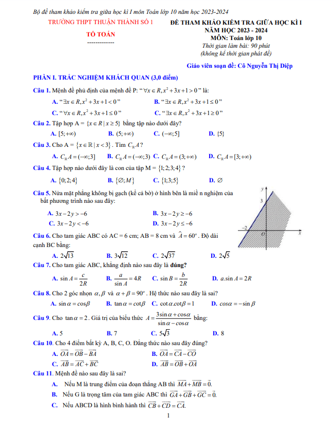 bộ đề tham khảo giữa kì 1 toán 10 năm 2023 – 2024 trường thuận thành 1 – bắc ninh