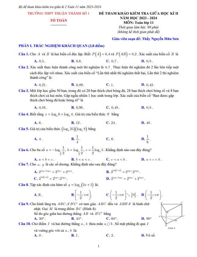 bộ đề tham khảo giữa kì 2 toán 11 năm 2023 – 2024 trường thuận thành 1 – bắc ninh