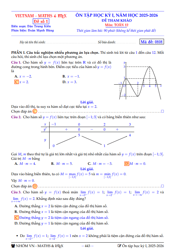 bộ đề tham khảo ôn tập học kỳ 1 môn toán 12 năm học 2025 – 2026