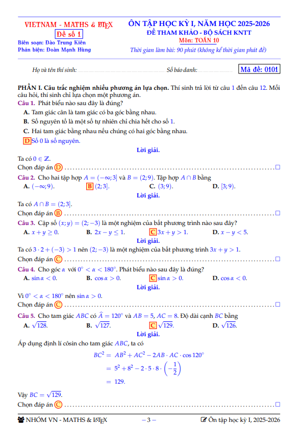 bộ đề tham khảo ôn tập học kỳ 1 toán 10 sách knttvcs năm học 2025 – 2026