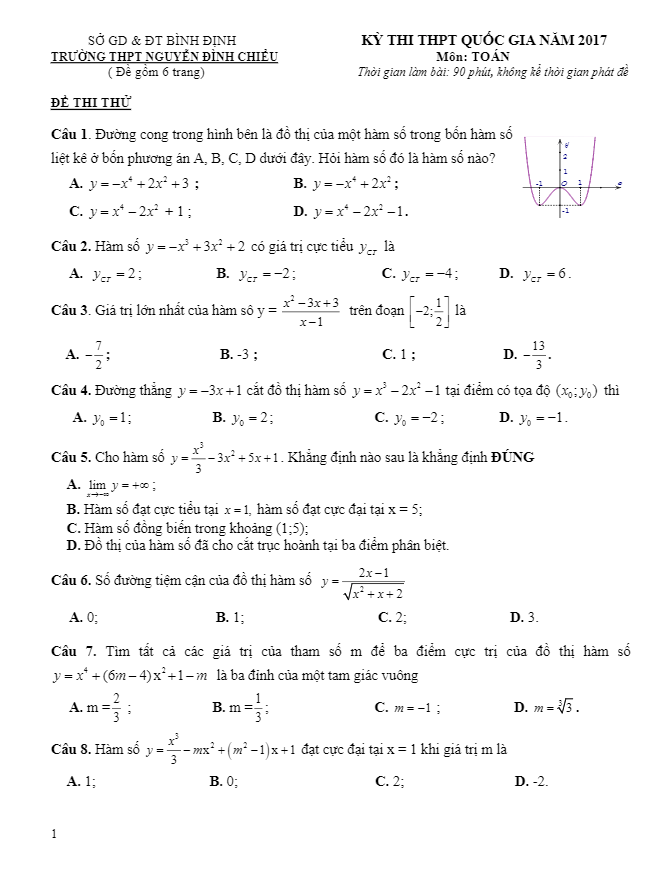 bộ đề thi đề xuất thi thpt quốc gia 2017 môn toán của các trường thpt tại bình định