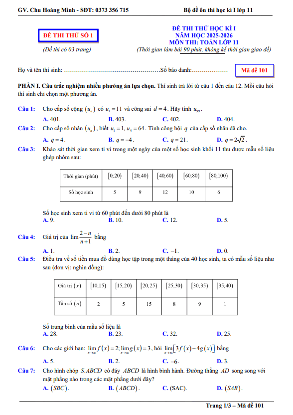 bộ đề thi thử cuối học kì 1 toán 11 năm học 2025 – 2026 – chu hoàng minh