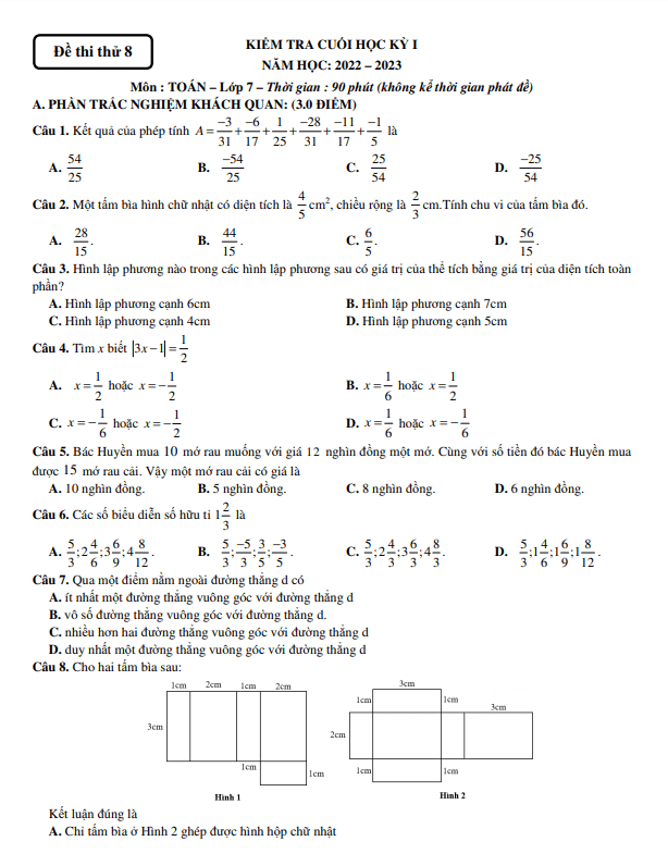 bộ đề thi thử kiểm tra cuối học kỳ 1 toán 7 cánh diều