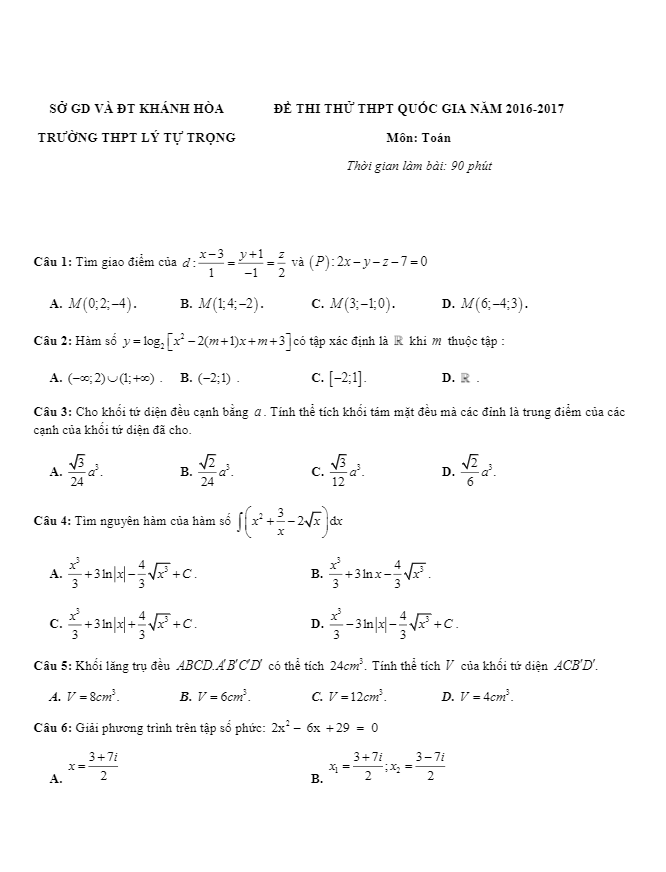 bộ đề thi thử thpt quốc gia 2017 môn toán sở gd và đt khánh hòa