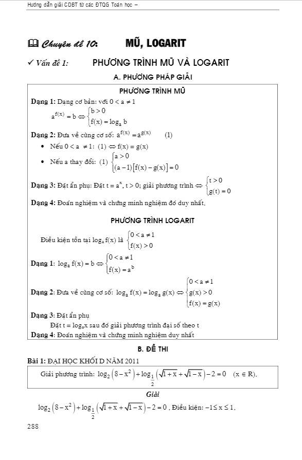 các bài toán phương trình mũ và phương trình logarit trong đề thi đại học