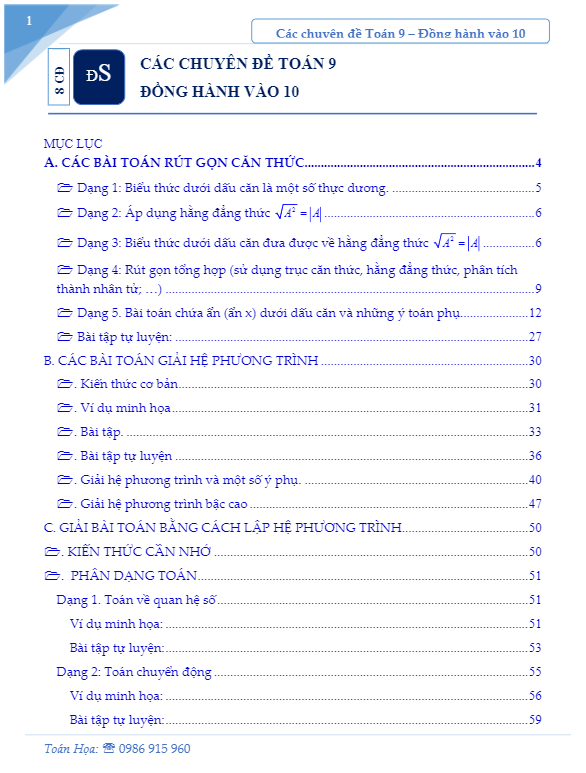 các chuyên đề toán 9 ôn thi vào lớp 10