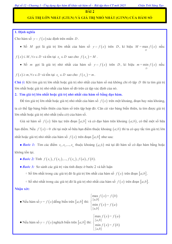 các dạng bài tập giá trị lớn nhất, giá trị nhỏ nhất của hàm số toán 12 ctst