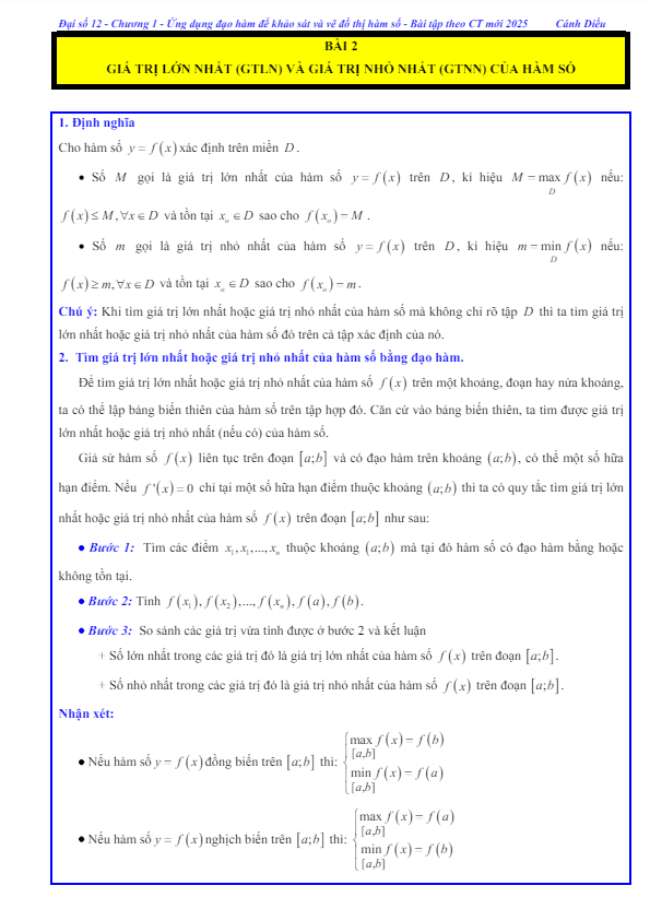 các dạng bài tập giá trị lớn nhất và giá trị nhỏ nhất của hàm số toán 12 cánh diều