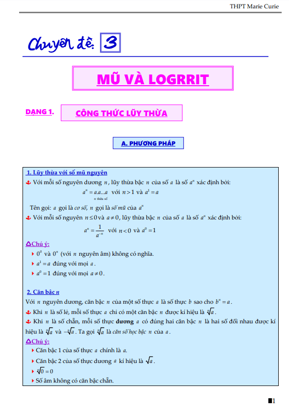 các dạng bài tập lũy thừa, mũ và lôgarit