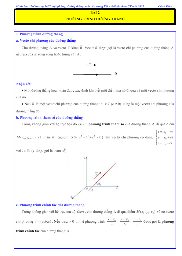 các dạng bài tập phương trình đường thẳng toán 12 cánh diều