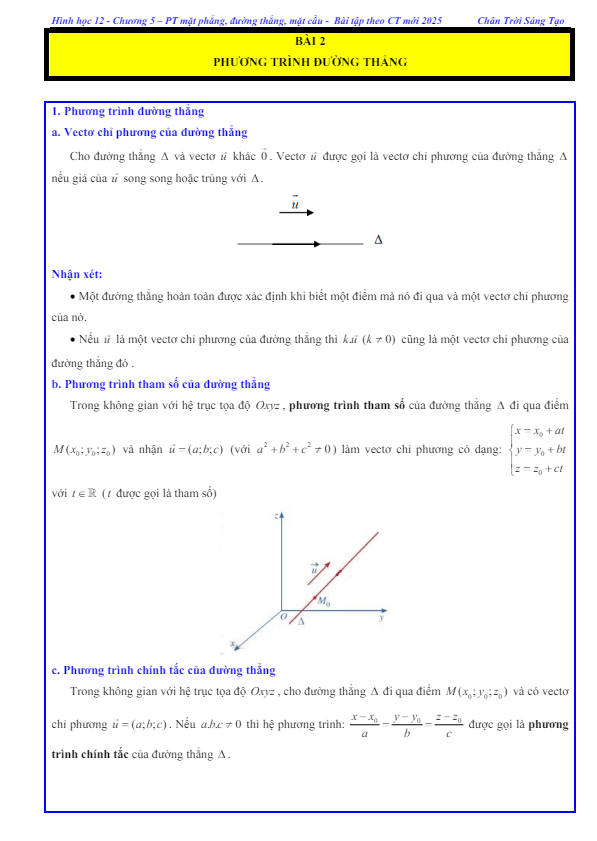 các dạng bài tập phương trình đường thẳng trong không gian toán 12 ctst