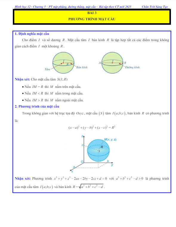 các dạng bài tập phương trình mặt cầu toán 12 ctst