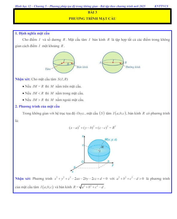 các dạng bài tập phương trình mặt cầu toán 12 knttvcs