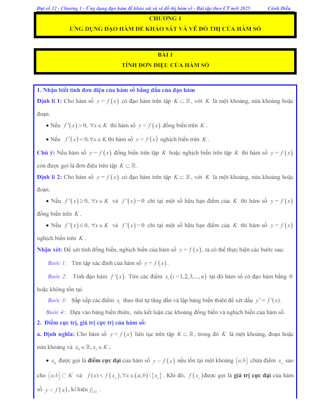các dạng bài tập tính đơn điệu của hàm số toán 12 cánh diều