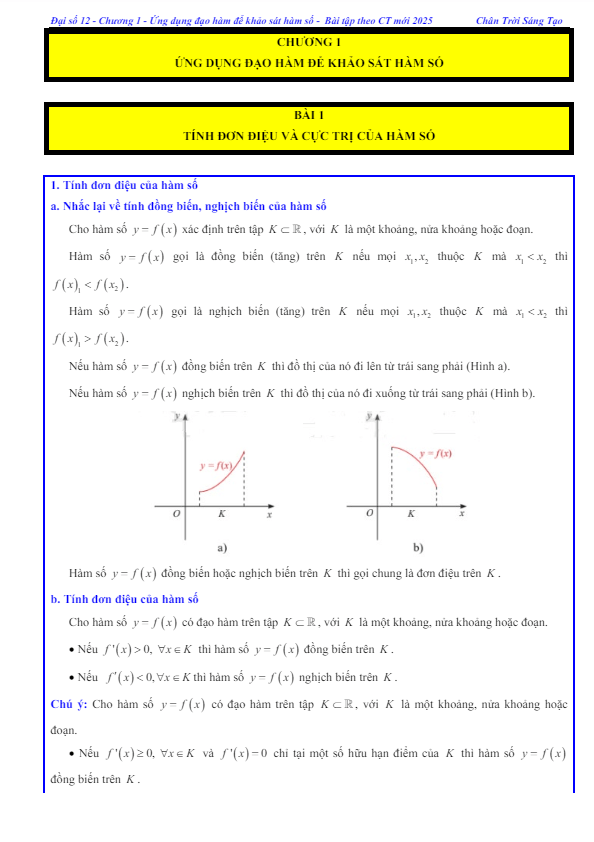 các dạng bài tập tính đơn điệu và cực trị của hàm số toán 12 ctst