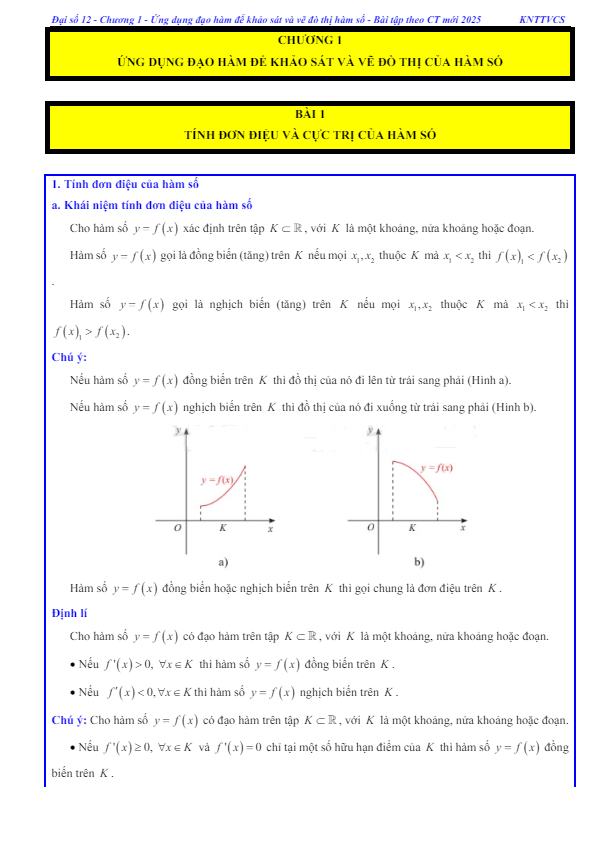 các dạng bài tập tính đơn điệu và cực trị của hàm số toán 12 knttvcs